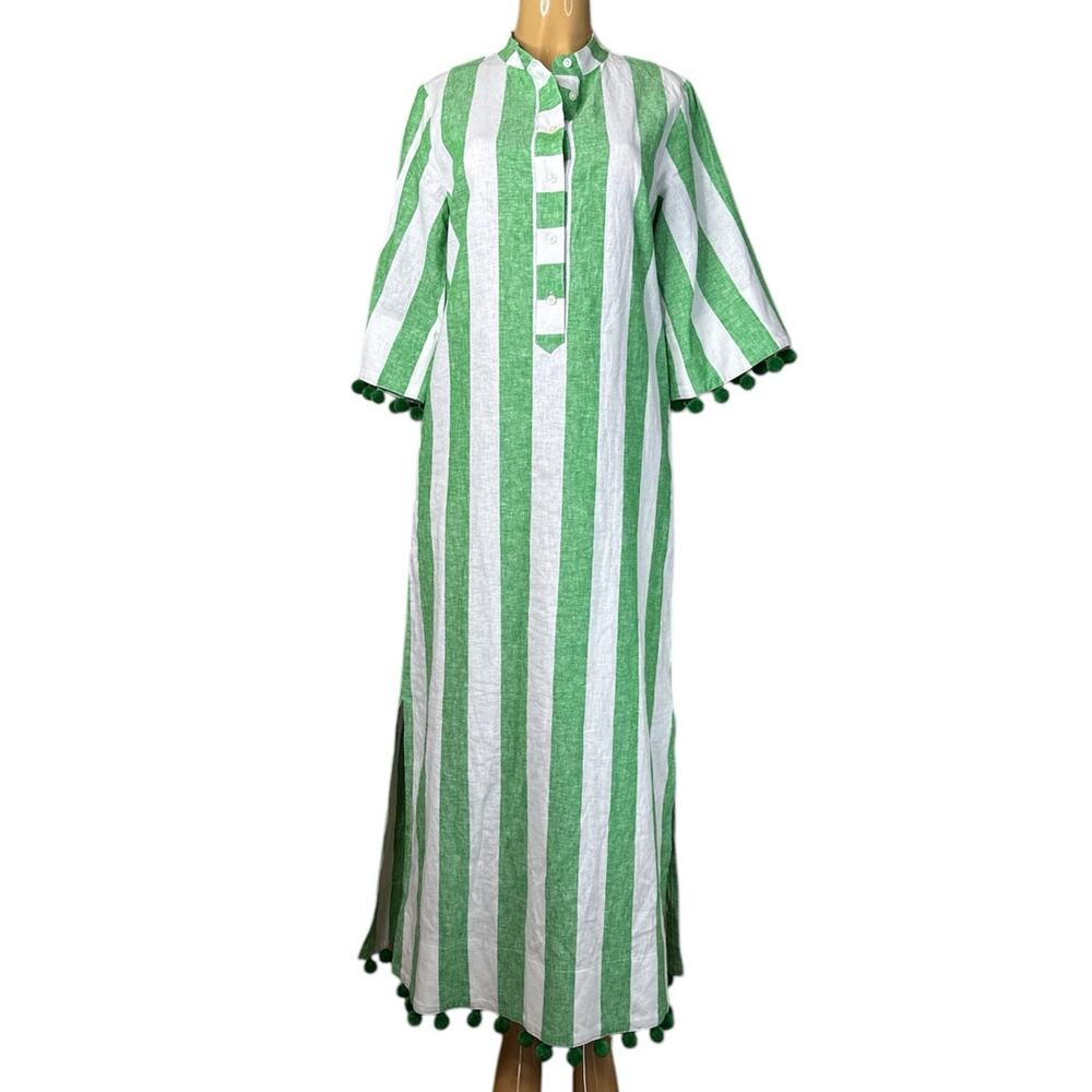 Kate Spade Awning Stripe Pom-Pom Tunic Dress Crop Sleeve Green White SZ Medium